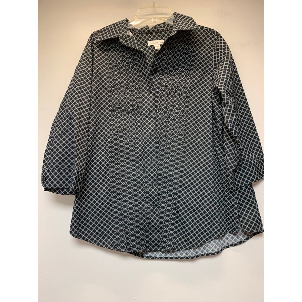 Coldwater Creek Button Up Top Womens 1X Black White Excellent Pintuck 3/4 Sleeve